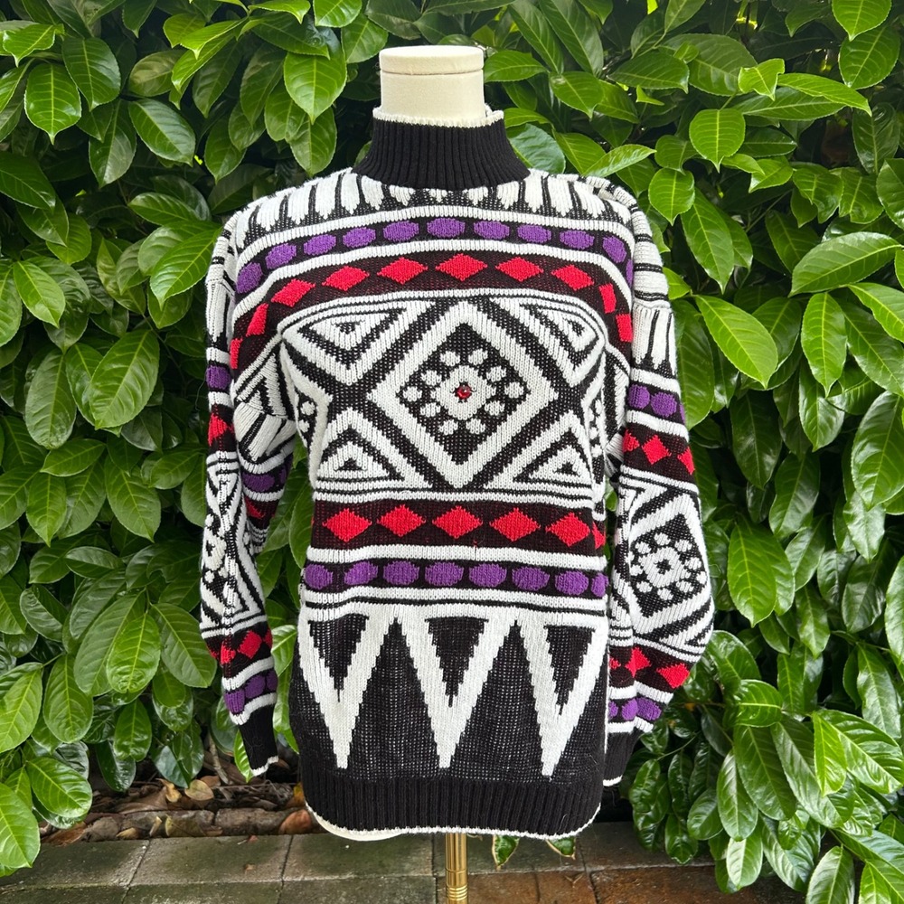 Vintage 90s Sweater Black Multi Geometric Aztec Mock Neck Knit